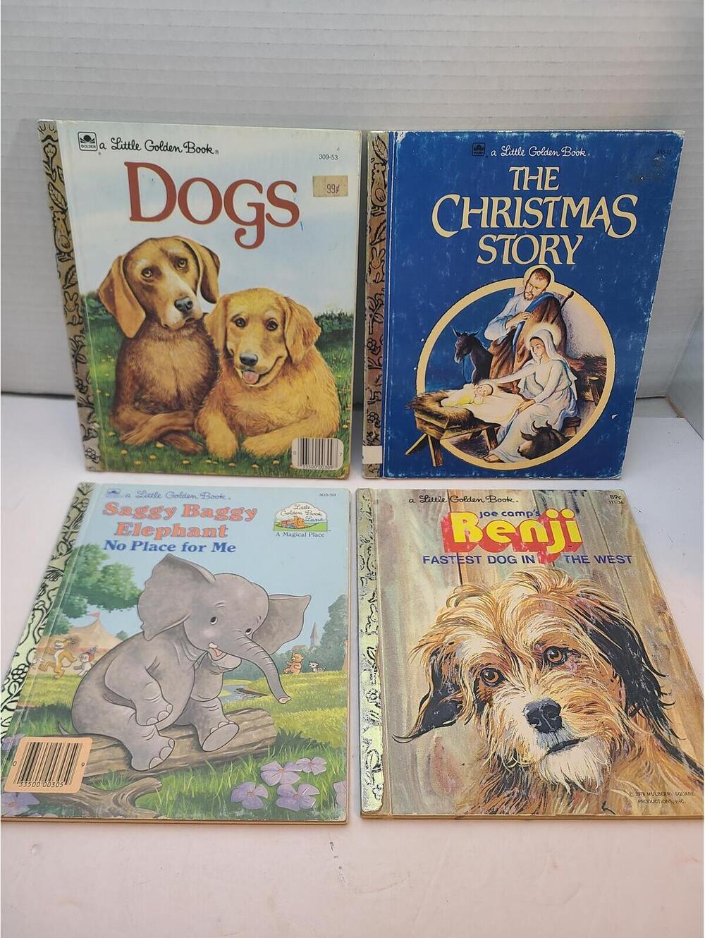 Lot of 4 Vtg Little Golden Books: Benji, Dogs, Christmas Story, Saggy Baggy